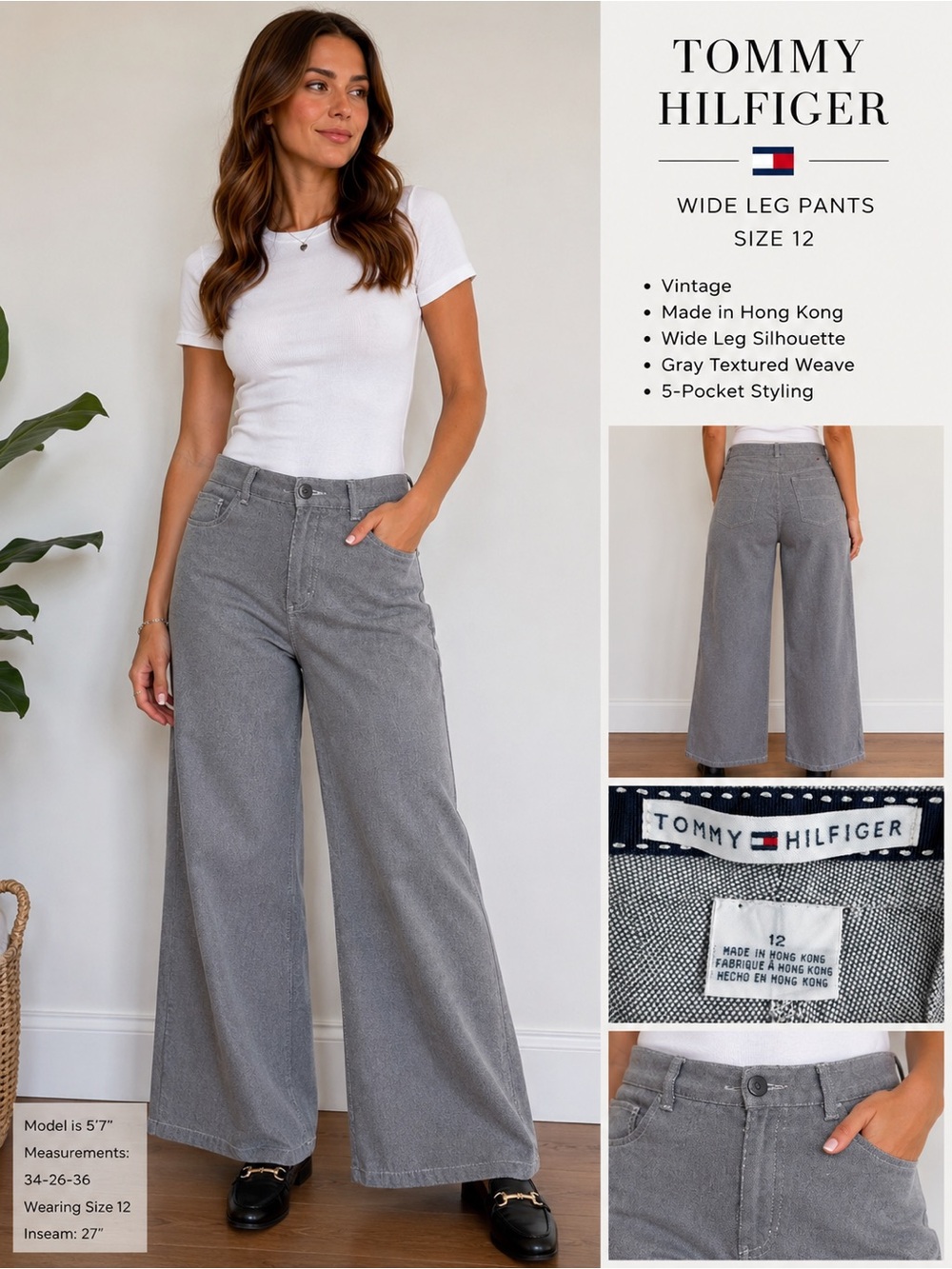 Vintage Tommy Hilfiger Wide Leg Pants Gray Textured Size 12 Y2K